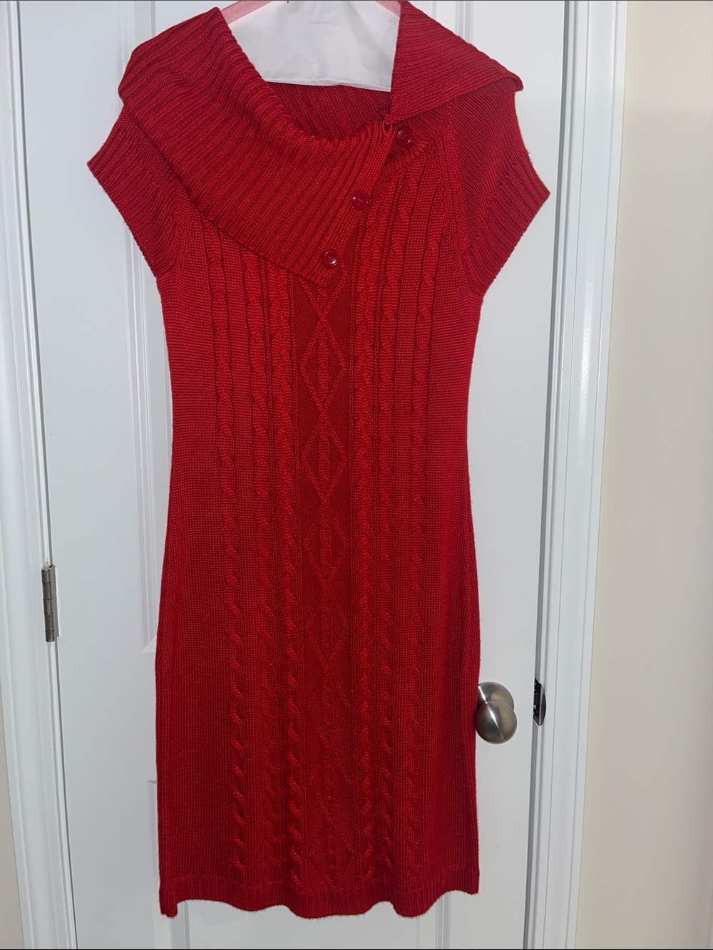 Marvin Richards Crimson Cable-Knit Mini Dress with Fold-Over Collar